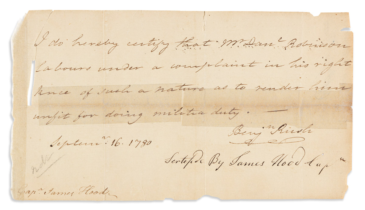 (AMERICAN REVOLUTION.) RUSH, BENJAMIN. Brief Autograph Letter Signed, Benjn Rush, to Captain James Hood:
